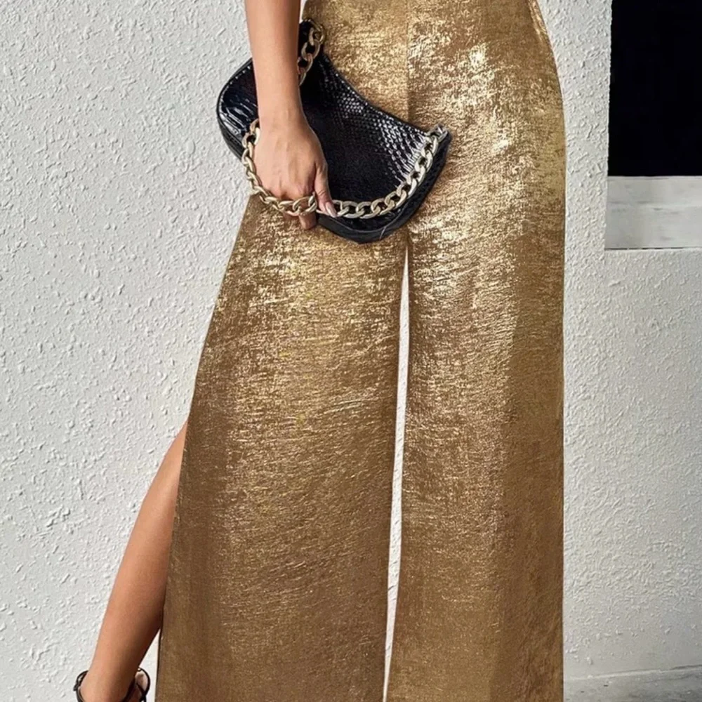 Golden Wide-Leg Metallic Palazzo Pants - Picture 3 of 9